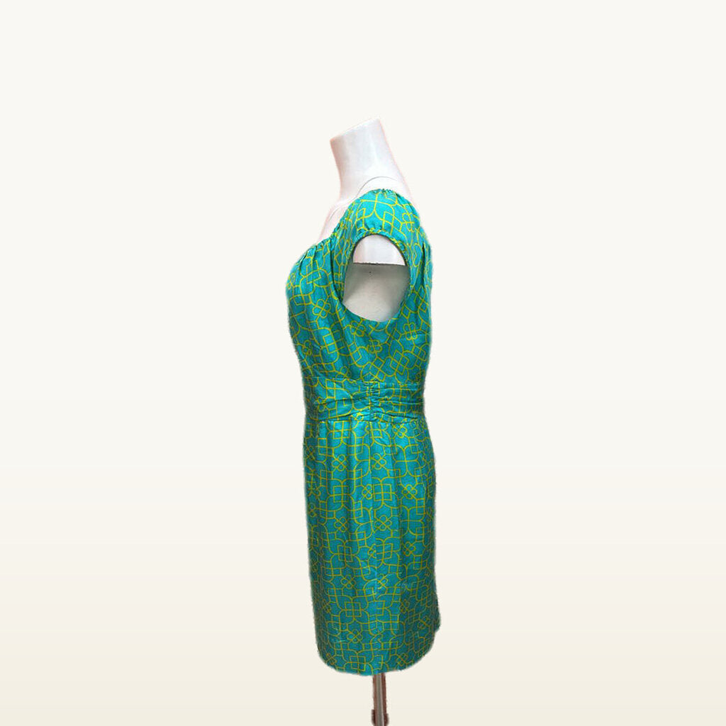 Milly Teal and Yellow Geometric Cap-Sleeve Dress