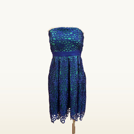 Minuet Blue & Green Floral Openwork Strapless Dress - Medium