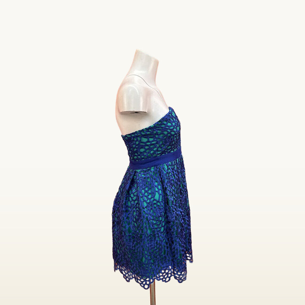 Minuet Blue & Green Floral Openwork Strapless Dress - Medium