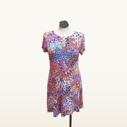 MSK Multicolor Floral Ring-Neck Dress - Large