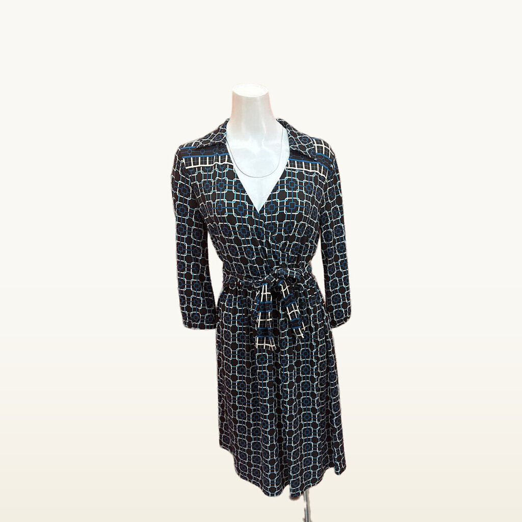 Talbots Women's Black and Blue Patterned Wrap Dress