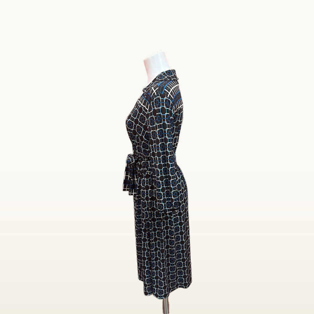 Talbots Women's Black and Blue Patterned Wrap Dress