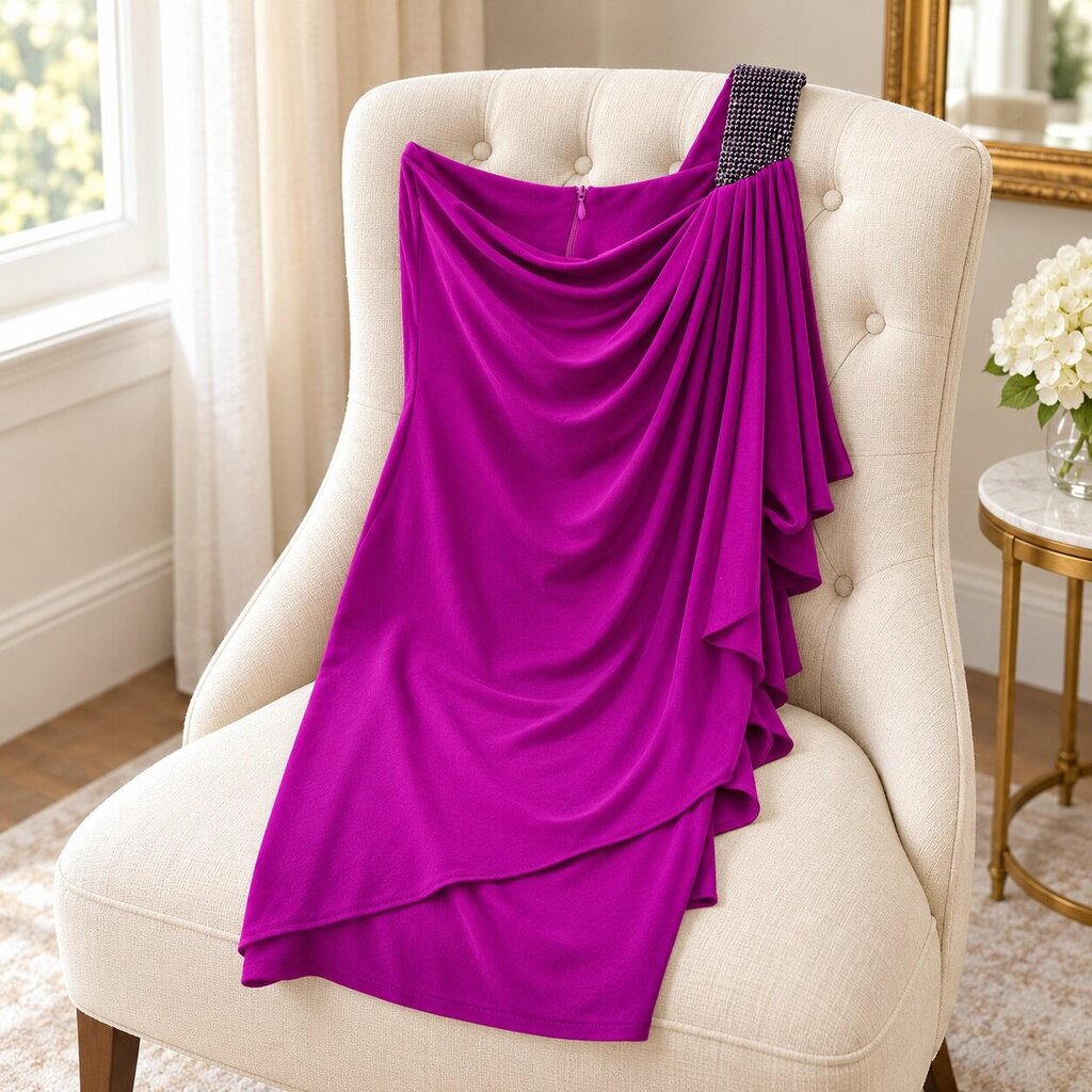 Betsy & Adam One-Shoulder Draped Dress – Magenta, Size 4