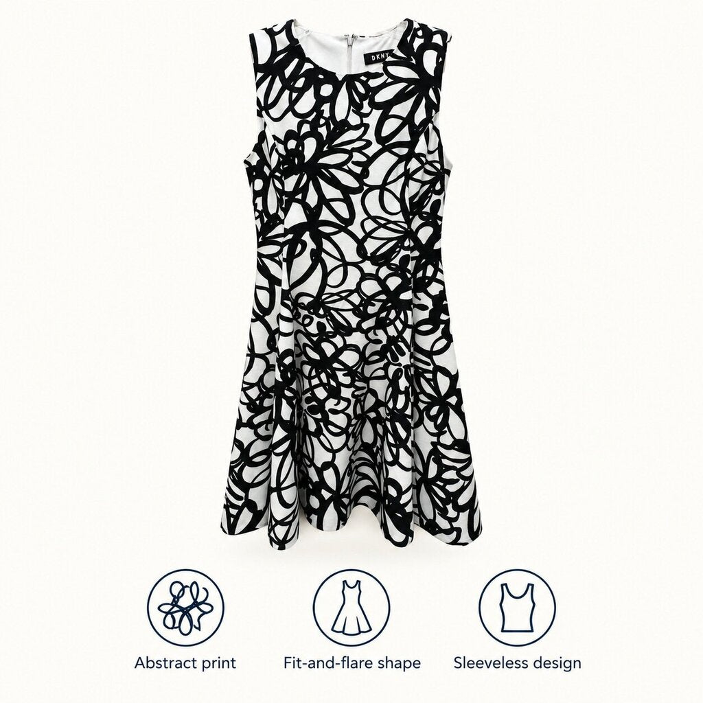 DKNY Fit-and-Flare Dress – Black/White Abstract Print, Size 4
