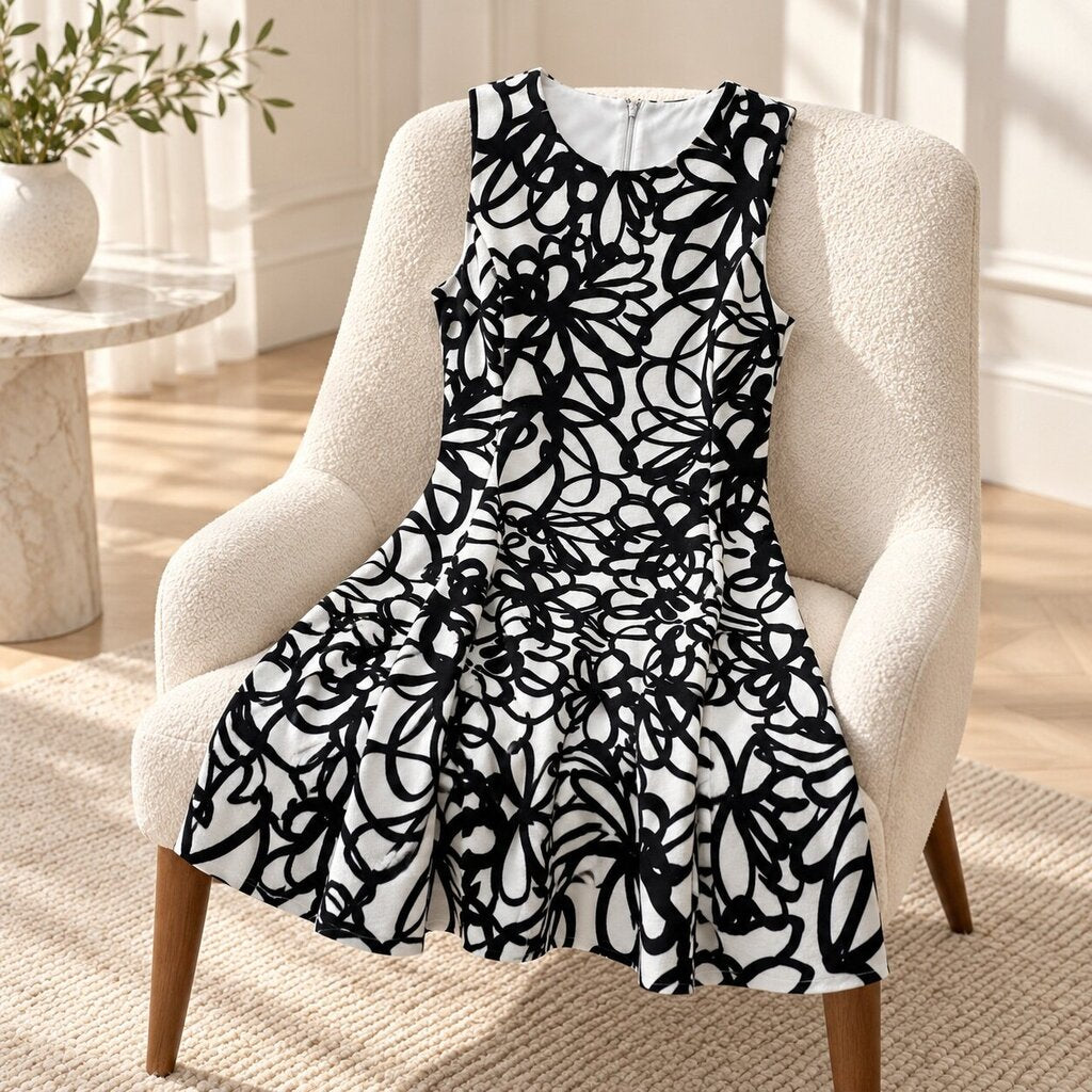 DKNY Fit-and-Flare Dress – Black/White Abstract Print, Size 4