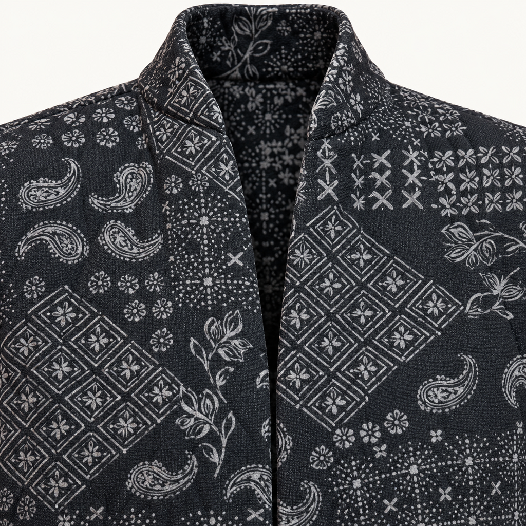 Johnny Was Black and Gray Patterned Open-Front Coat - Large