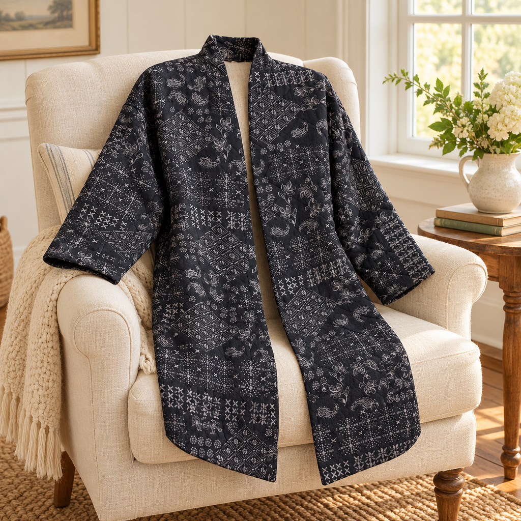 Johnny Was Black and Gray Patterned Open-Front Coat - Large