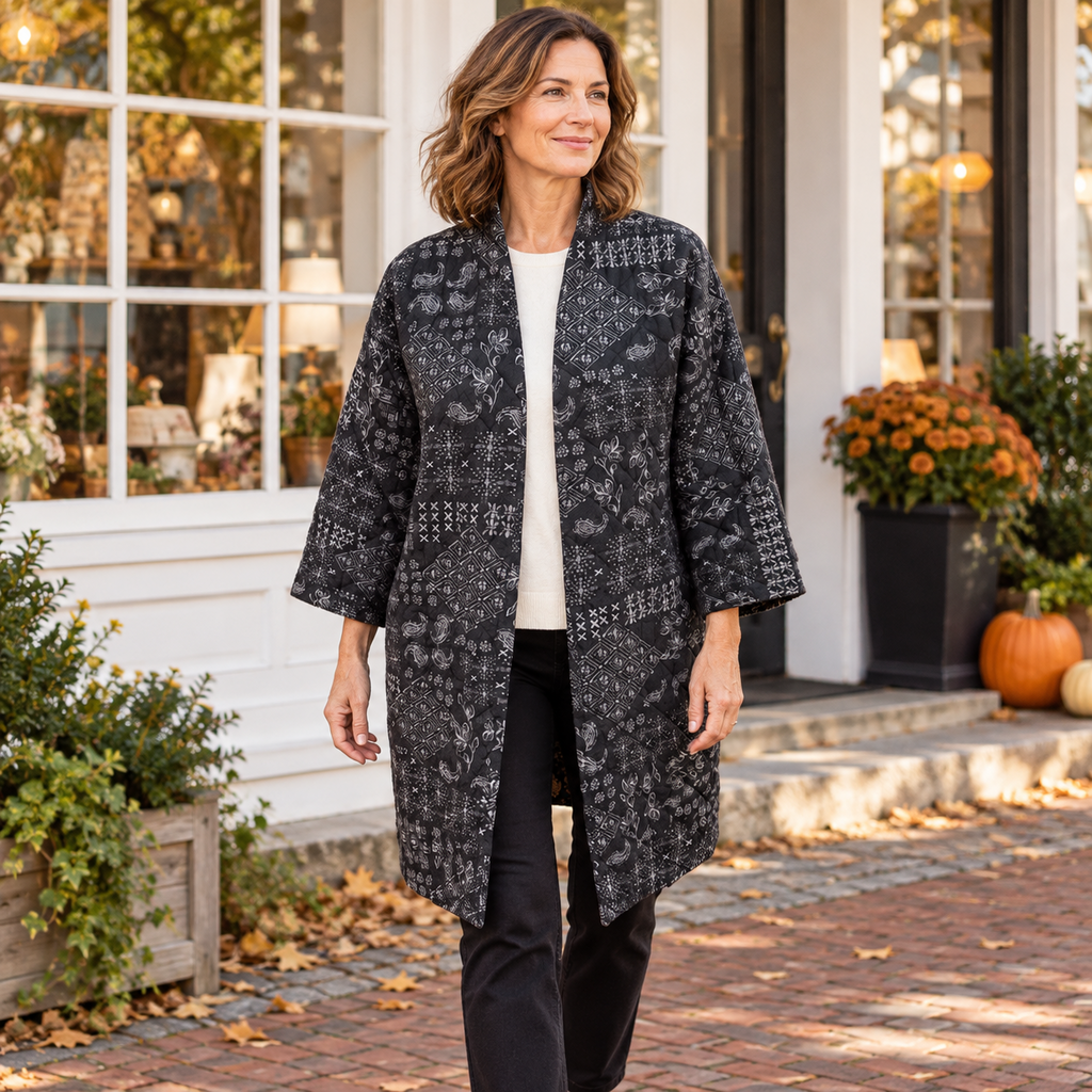 Johnny Was Black and Gray Patterned Open-Front Coat - Large