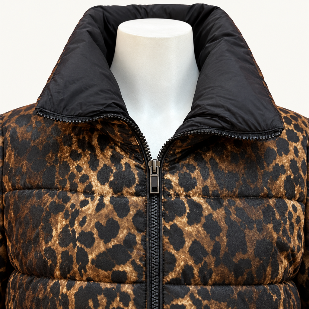 Tahari Leopard Print Quilted Puffer Coat - Medium