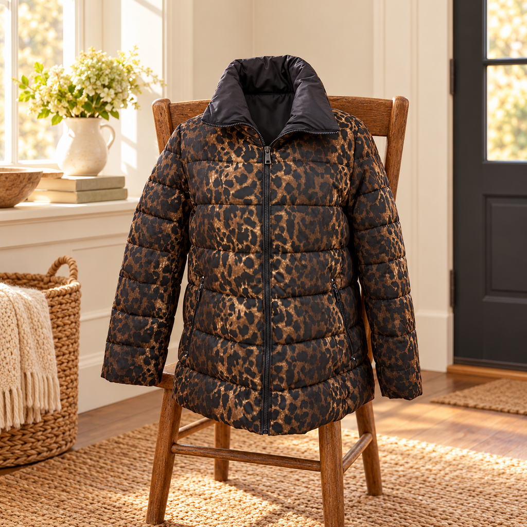 Tahari Leopard Print Quilted Puffer Coat - Medium