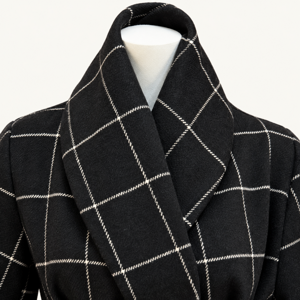 Chicwish Black and Cream Windowpane Belted Coat - Small