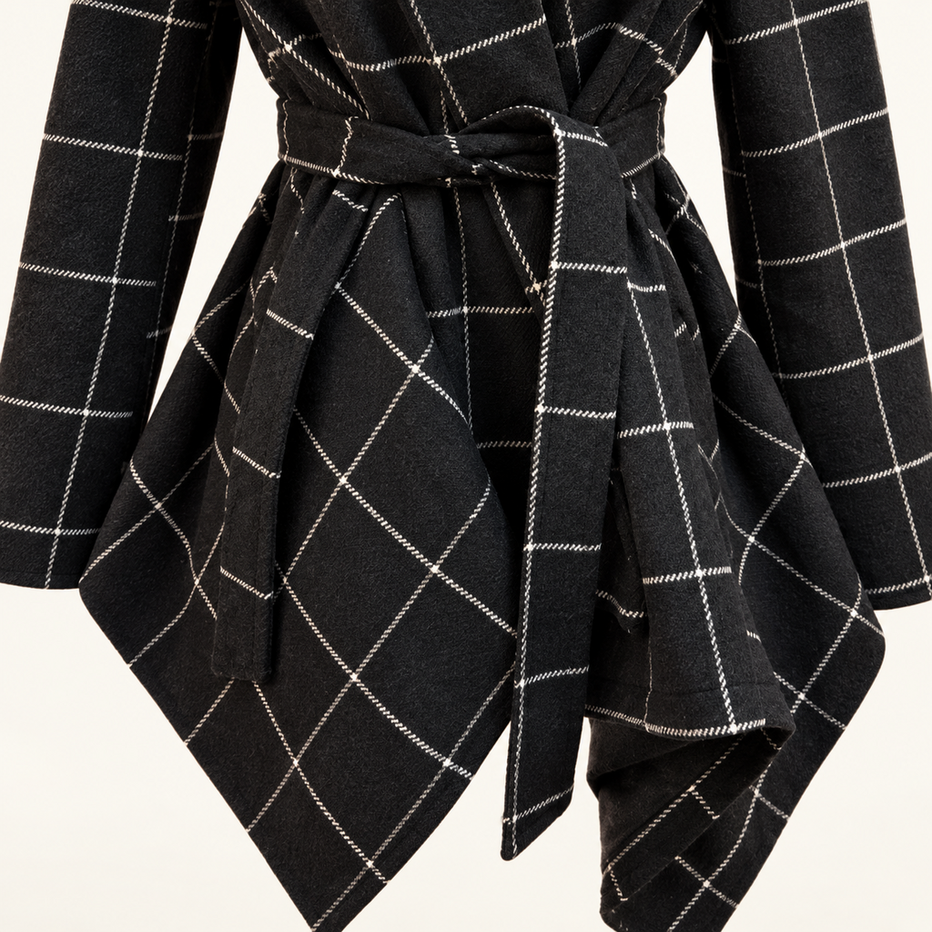 Chicwish Black and Cream Windowpane Belted Coat - Small