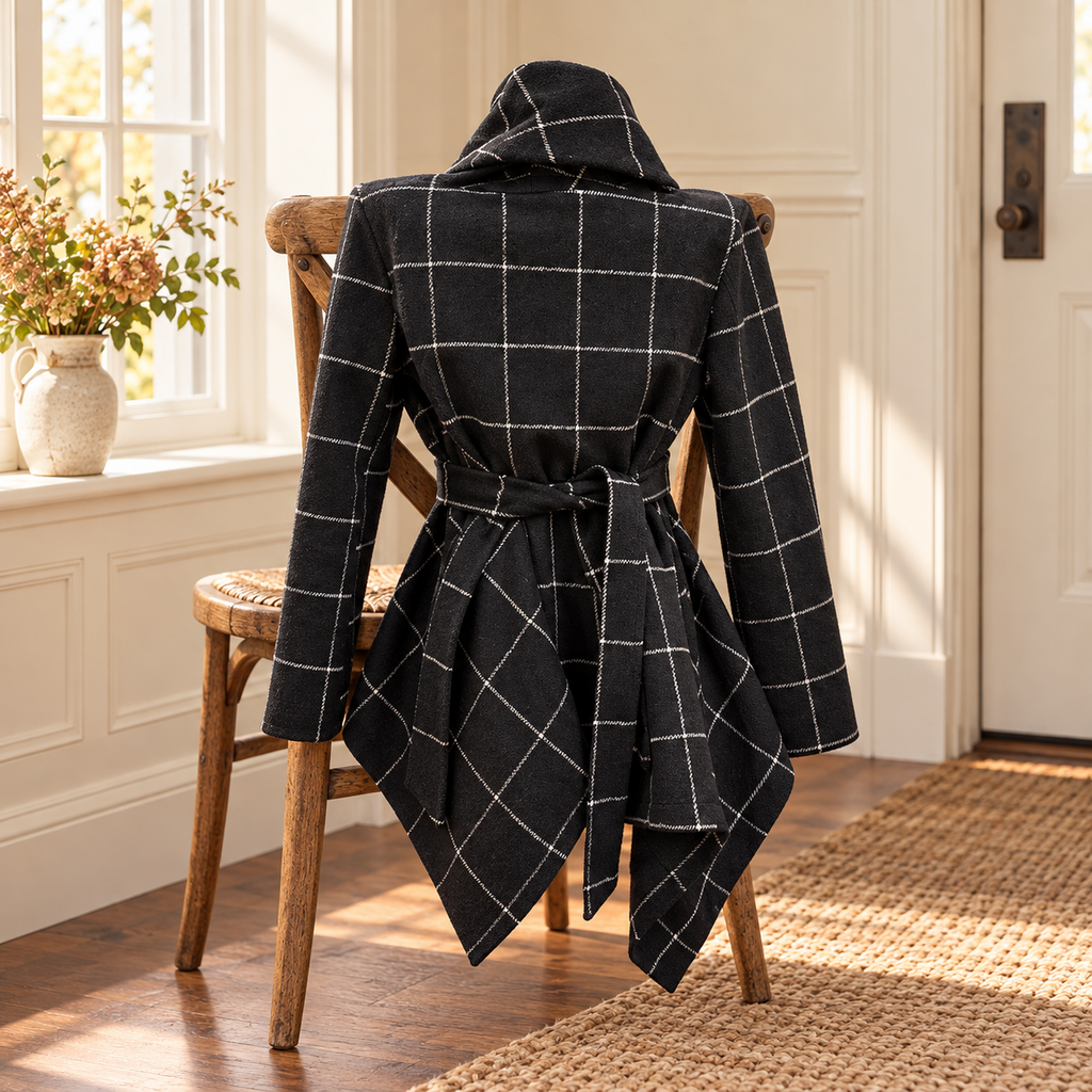 Chicwish Black and Cream Windowpane Belted Coat - Small