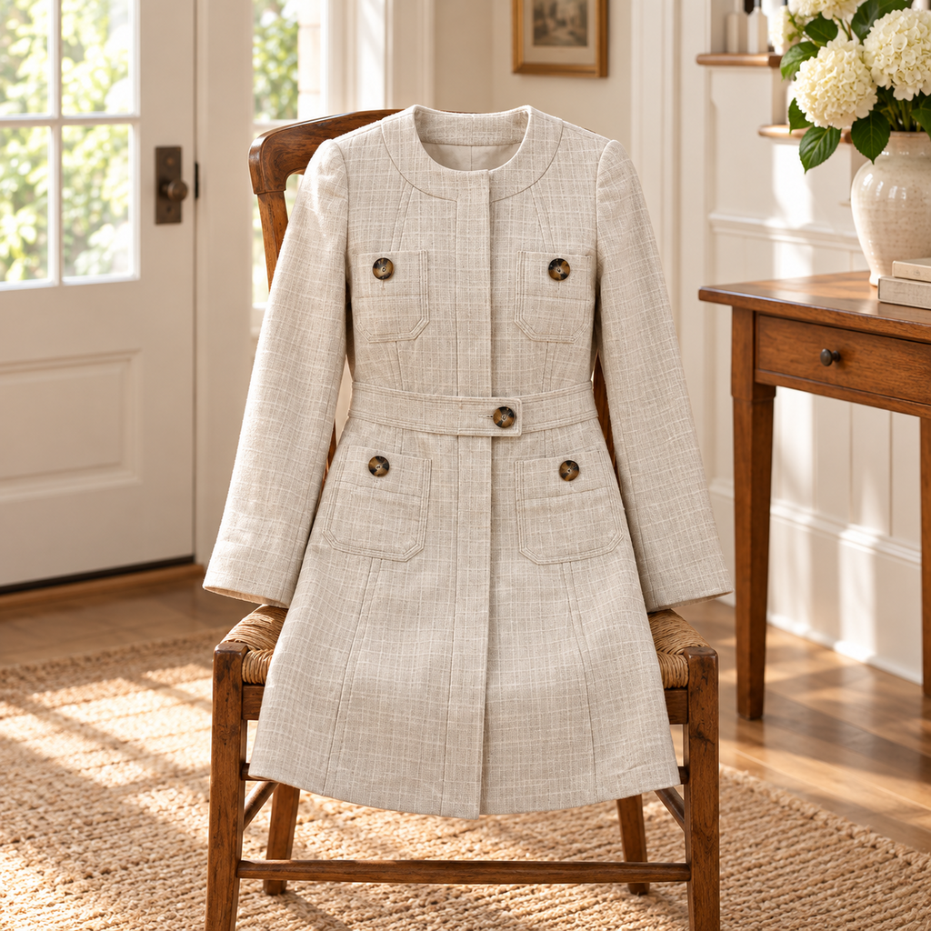 Boden Oatmeal Windowpane Collarless Coat - Size 6