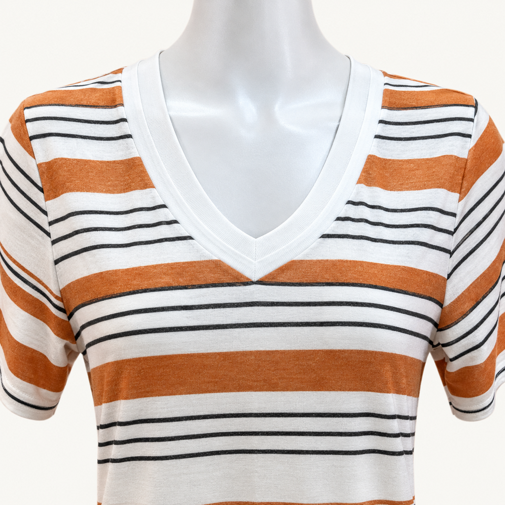 LuLaRoe Iris Orange Black and White Striped V-Neck Top - XS