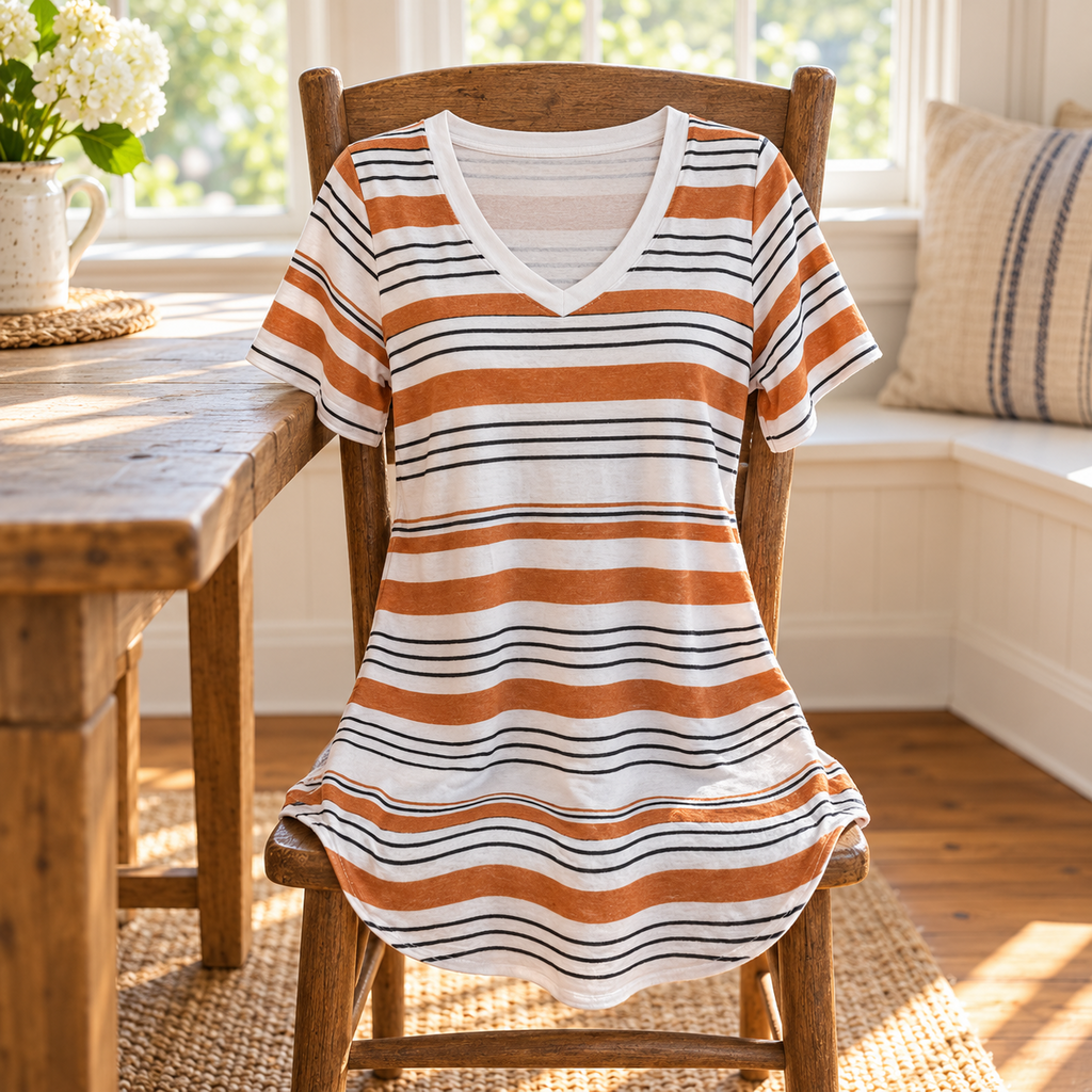 LuLaRoe Iris Orange Black and White Striped V-Neck Top - XS