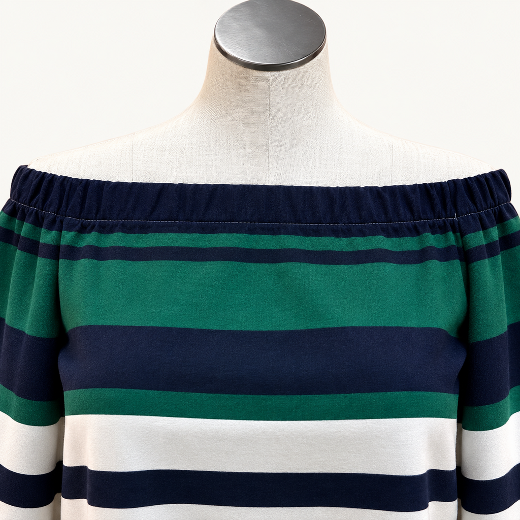 Ann Taylor Green and Navy Striped Off-Shoulder Top - Medium