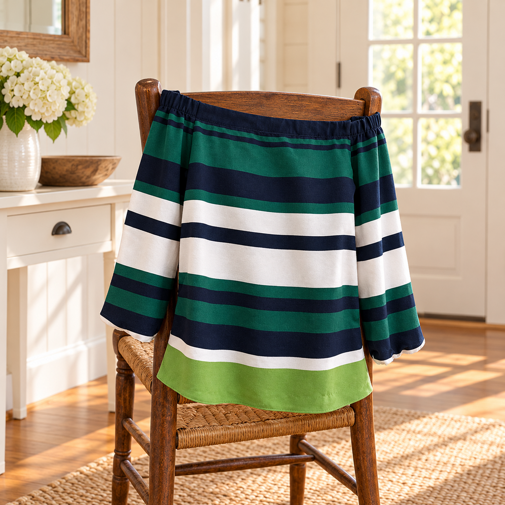 Ann Taylor Green and Navy Striped Off-Shoulder Top - Medium