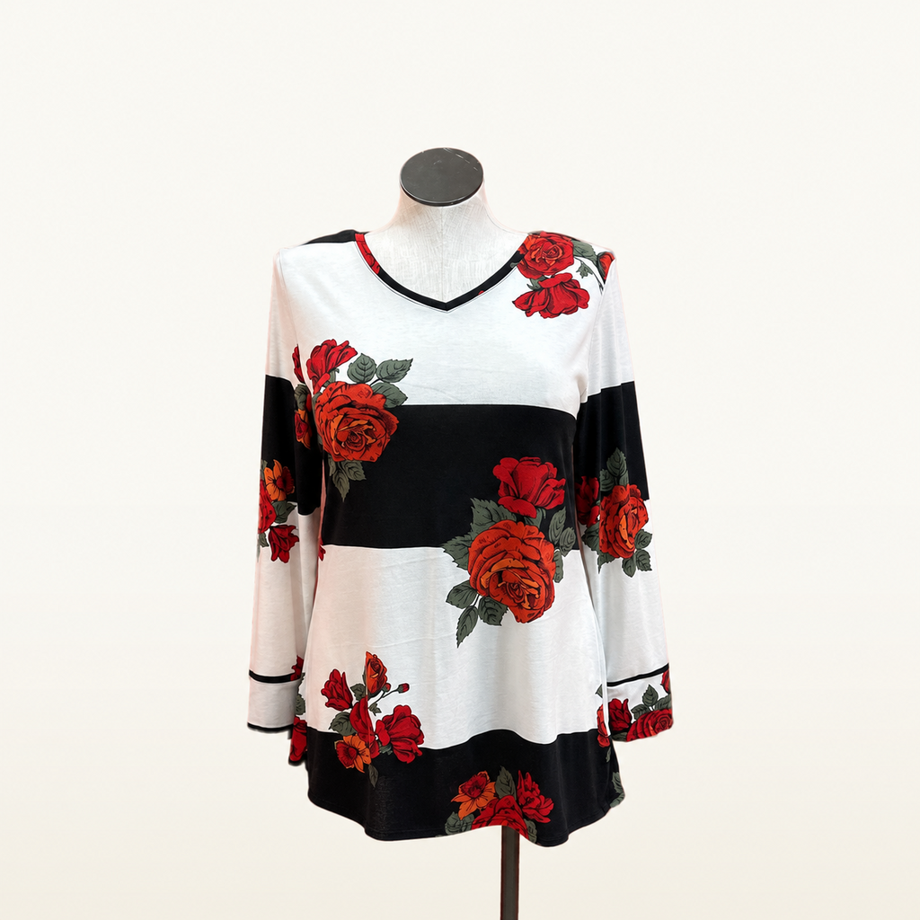 LuLaRoe Elizabeth Black and White Rose Print V-Neck Top - Medium