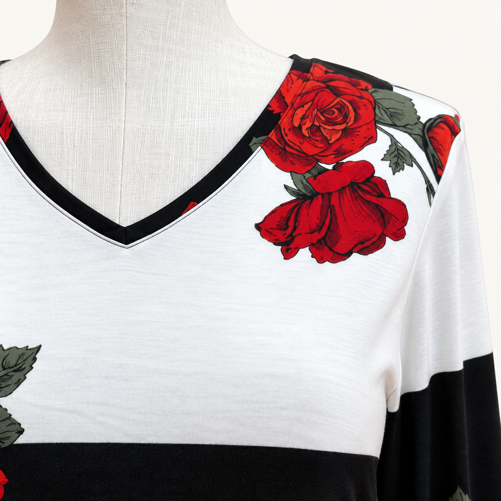 LuLaRoe Elizabeth Black and White Rose Print V-Neck Top - Medium