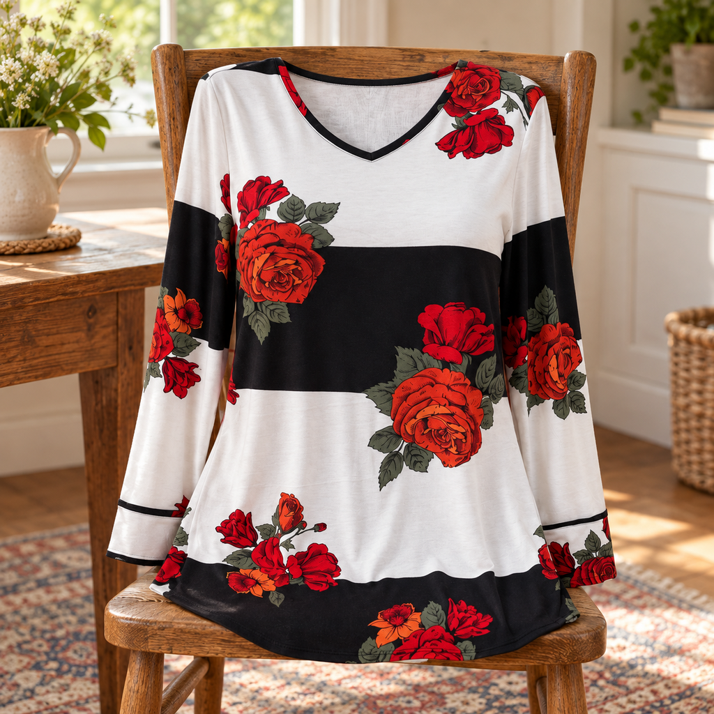 LuLaRoe Elizabeth Black and White Rose Print V-Neck Top - Medium
