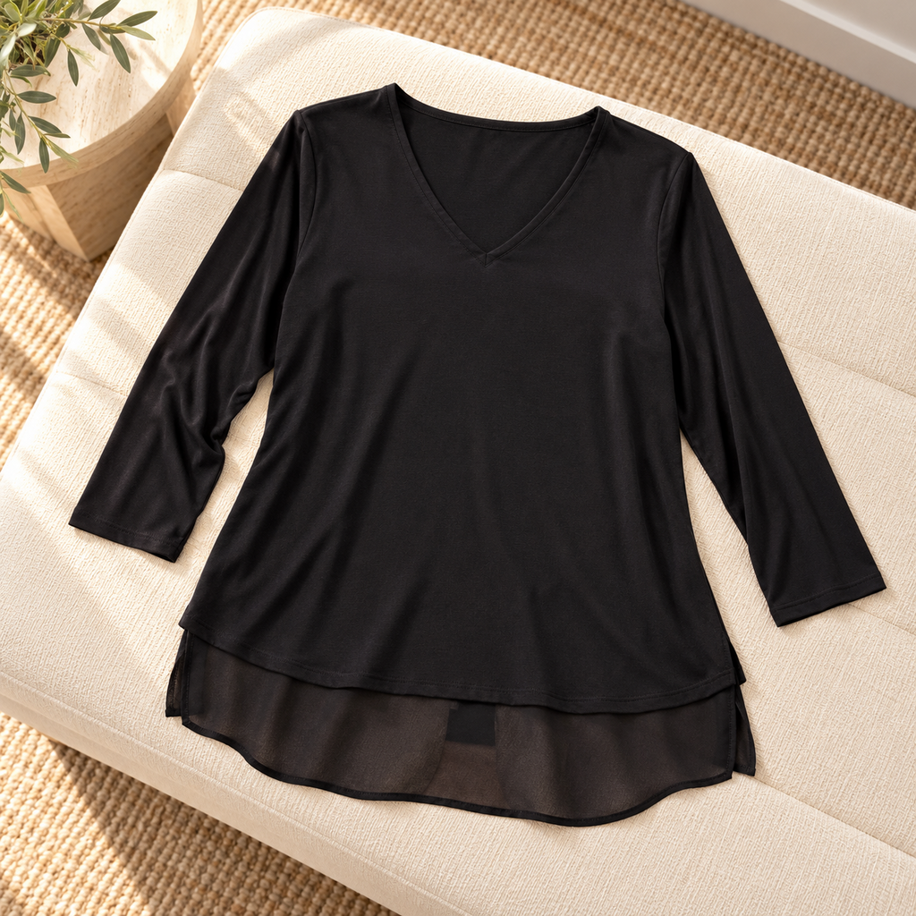 Michael Kors Black V-Neck Layered-Hem Top - Large