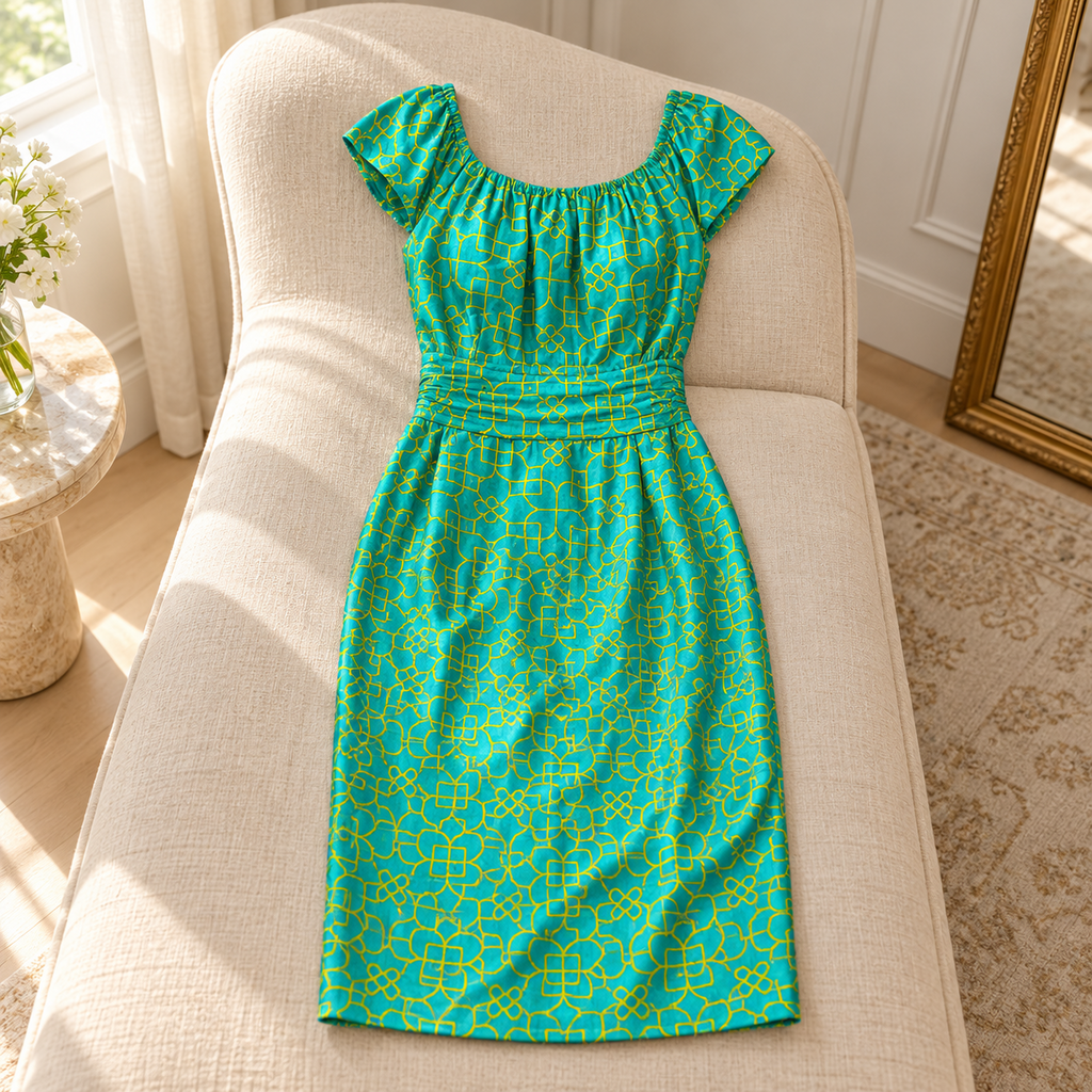 Milly Teal and Yellow Geometric Cap-Sleeve Dress
