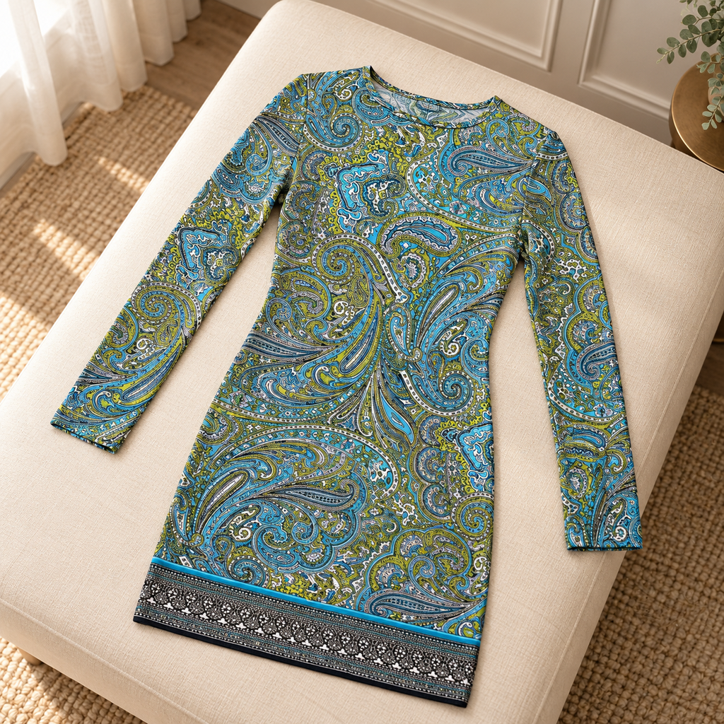 Michael Kors Blue and Green Paisley Long-Sleeve Tunic - XS