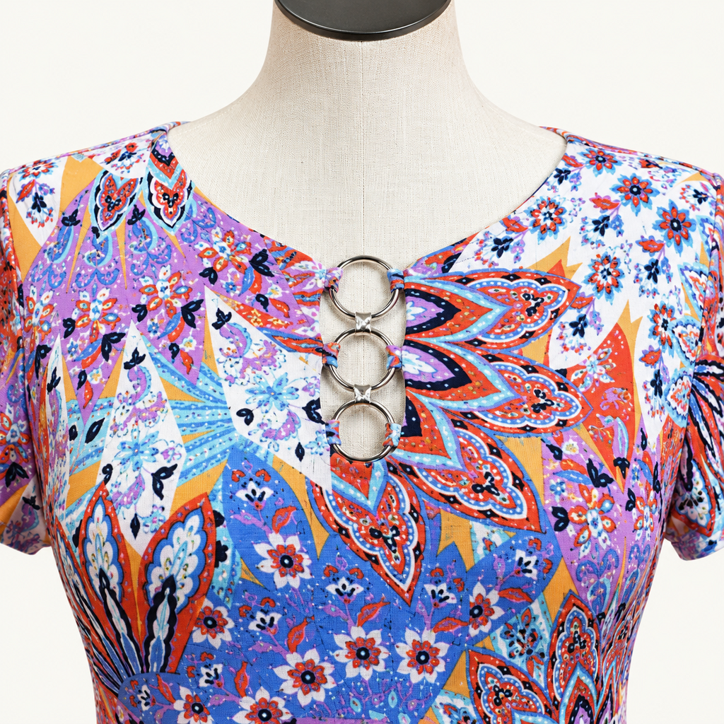 MSK Multicolor Floral Ring-Neck Dress - Large