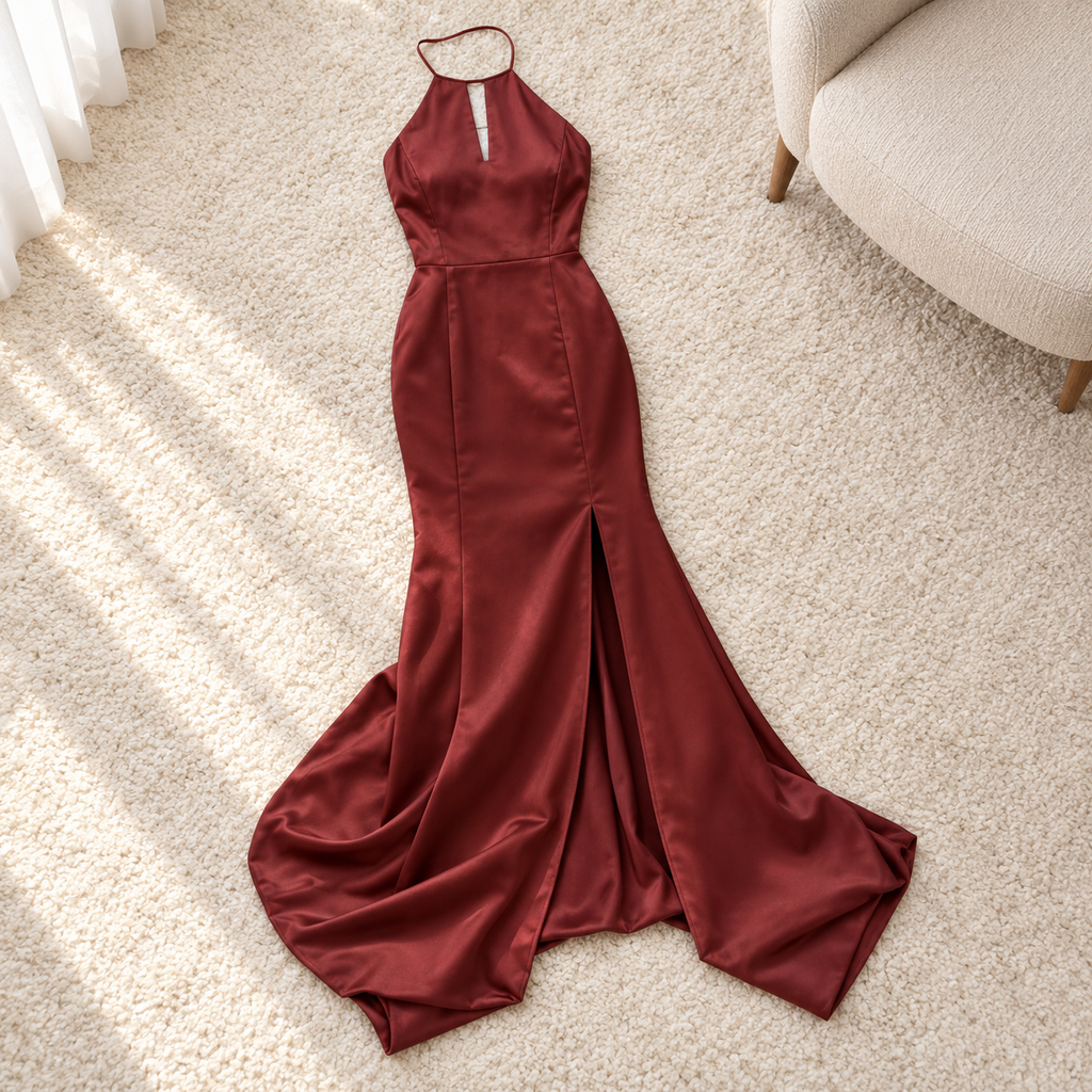 Amsale Burgundy Halter Keyhole Evening Gown - 4