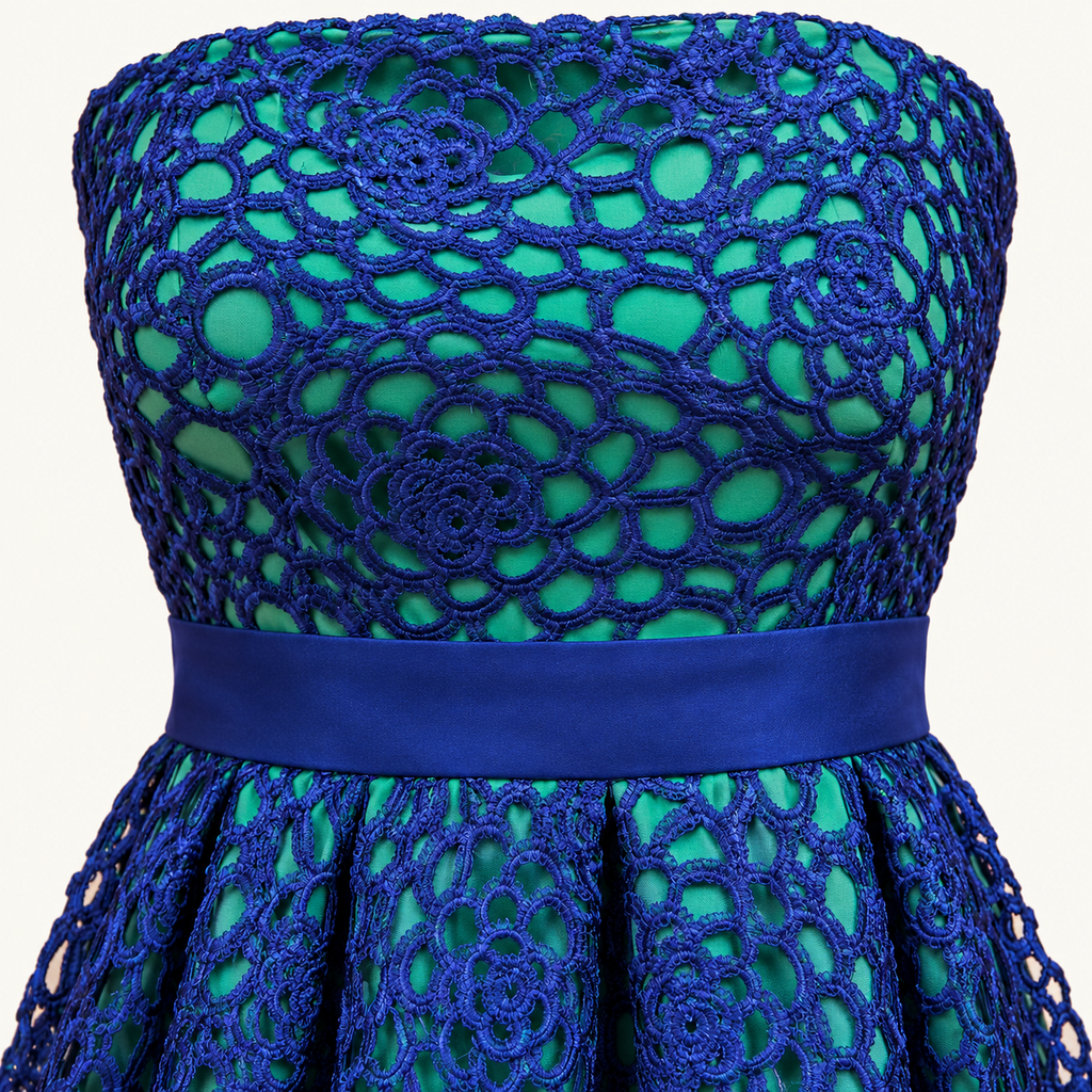 Minuet Blue & Green Floral Openwork Strapless Dress - Medium