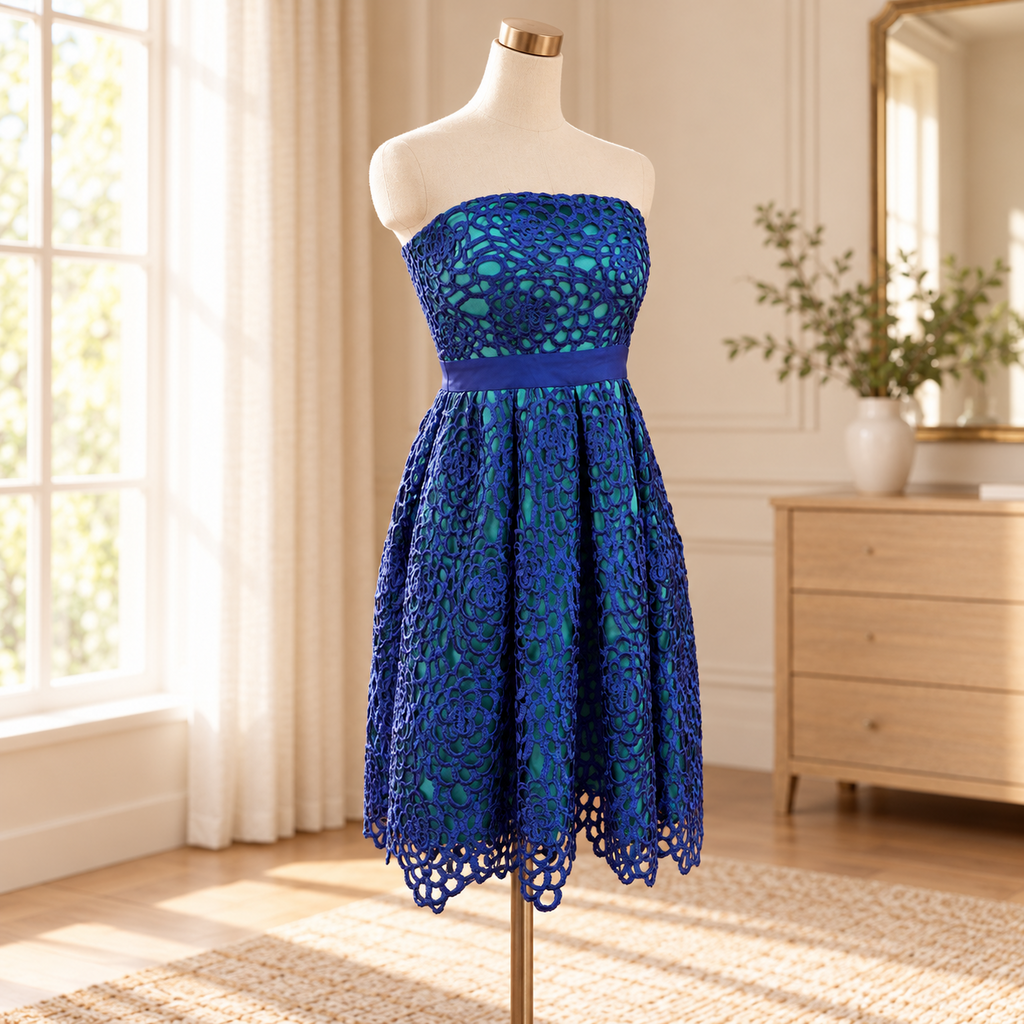 Minuet Blue & Green Floral Openwork Strapless Dress - Medium