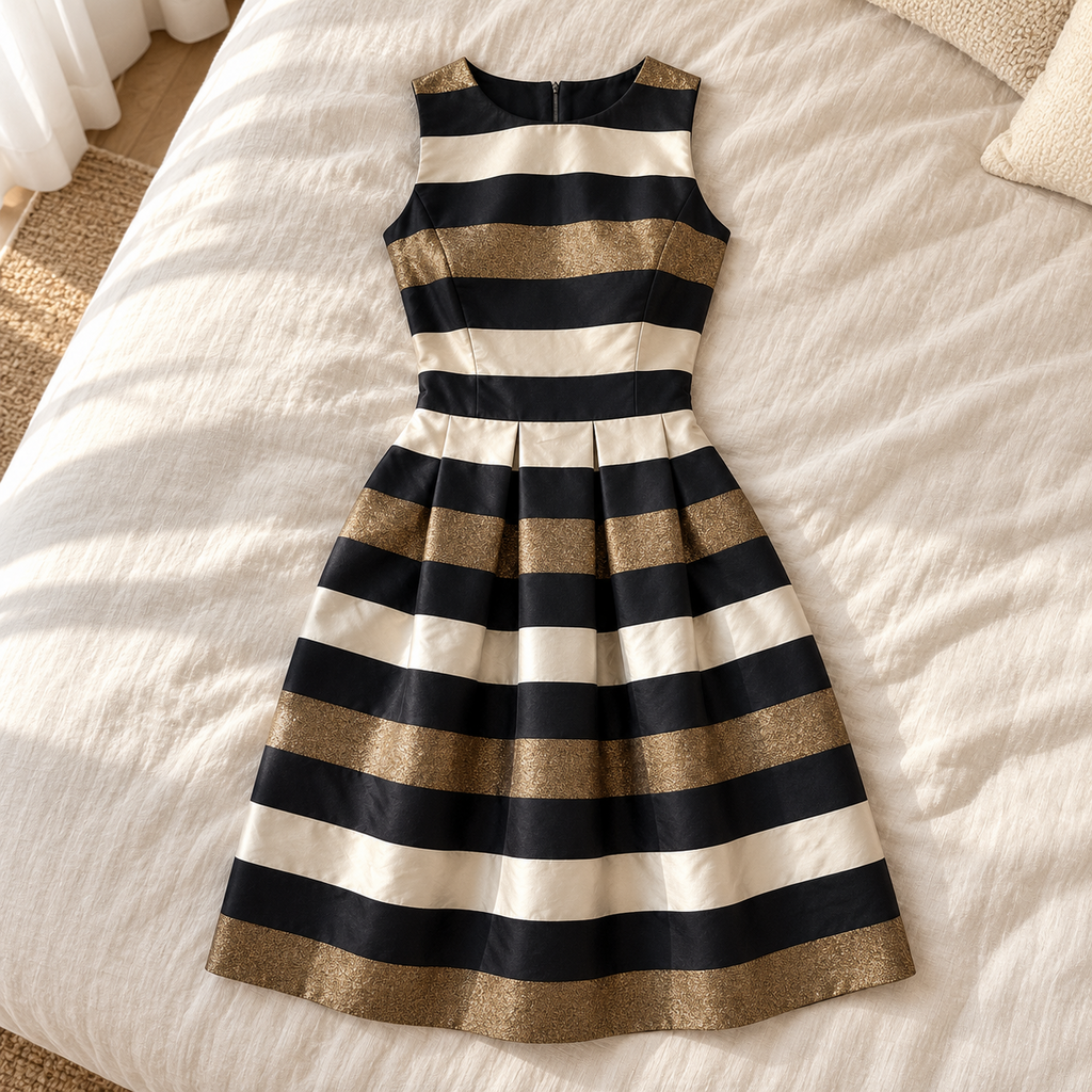 Saks Fifth Avenue Black, Gold and White Striped Dress - 2