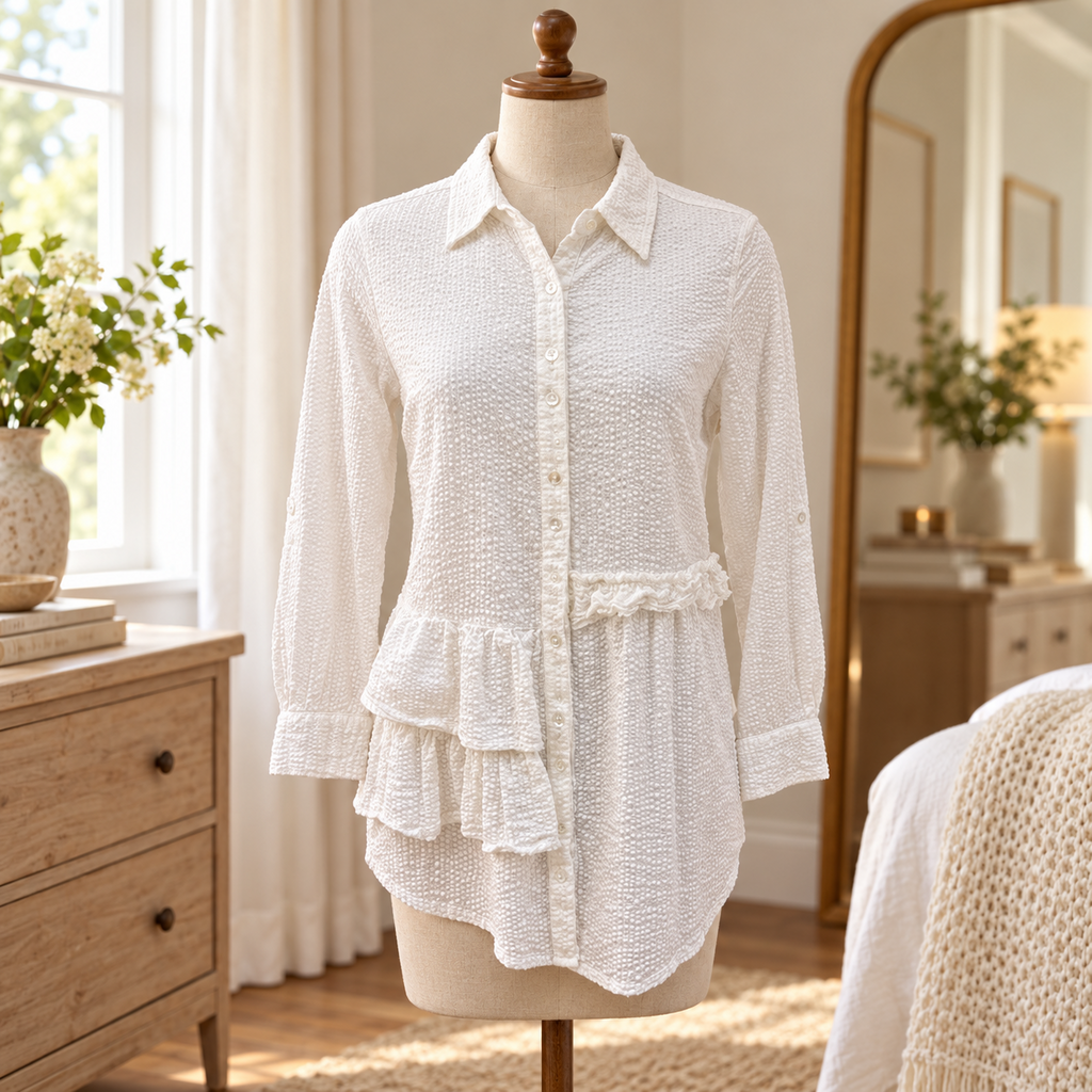 Soft Surroundings White Textured Ruffle Button-Up Shirt - XS