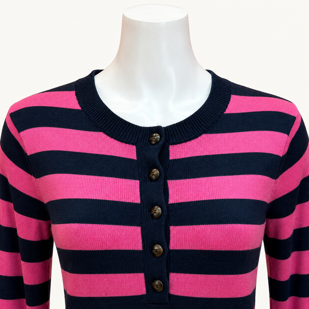 Vineyard Vines Pink and Navy Striped Button-Neck Sweater - Medium