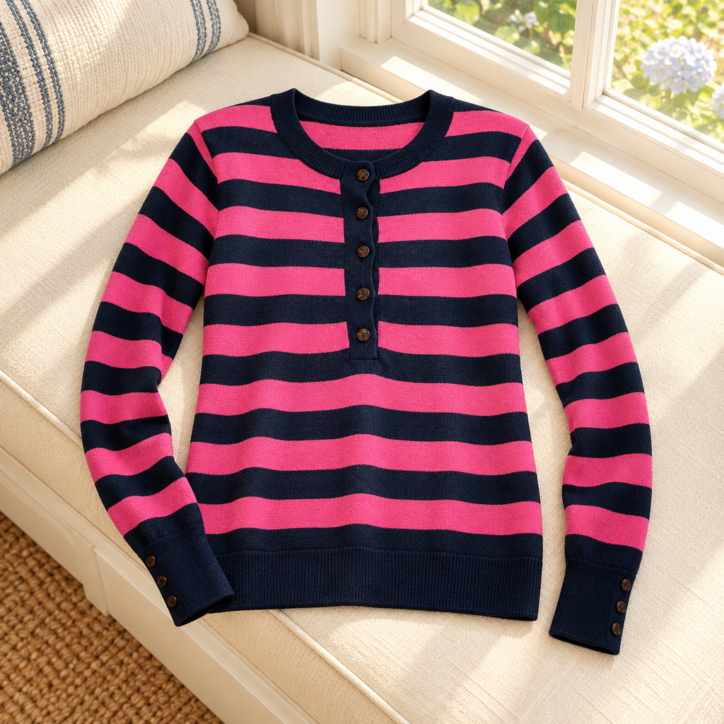 Vineyard Vines Pink and Navy Striped Button-Neck Sweater - Medium