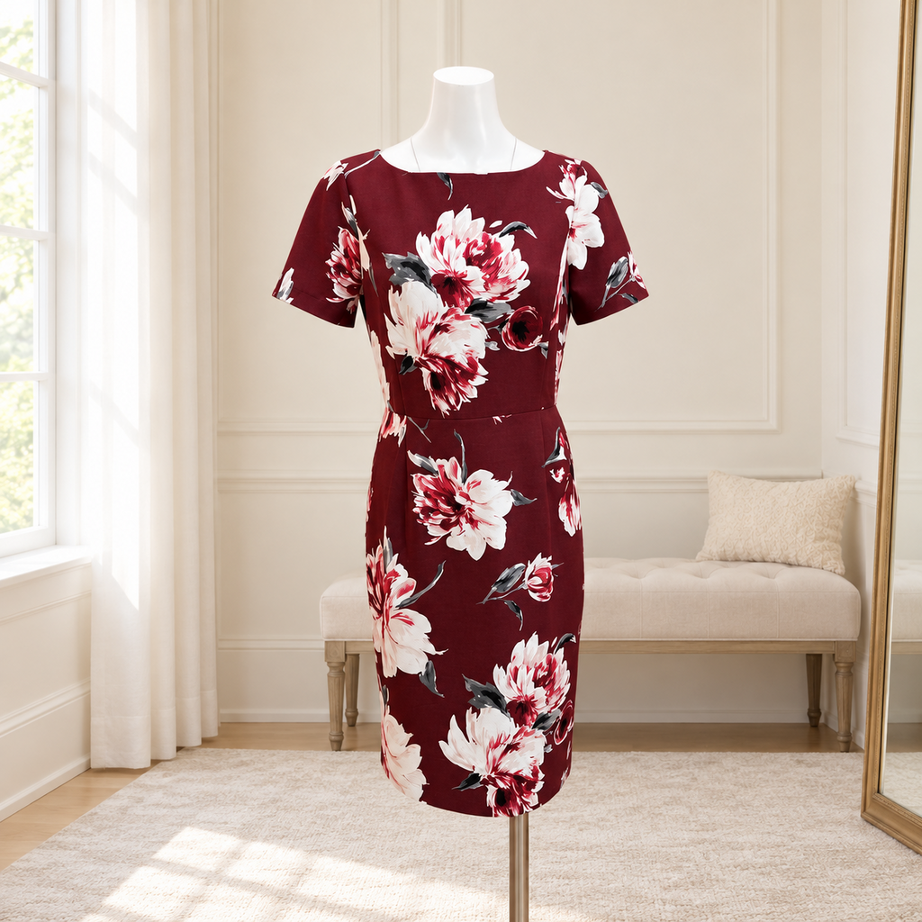 White House Black Market Burgundy Floral Sheath Dress - Medium