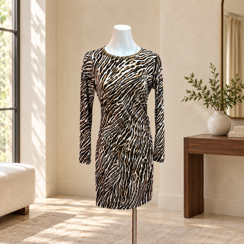 Michael Kors Brown Animal Print Ruched Dress - Medium