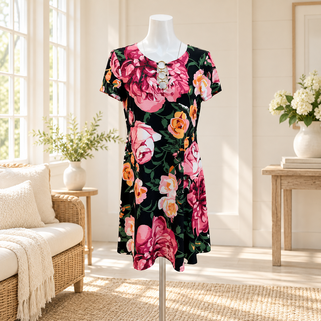 MSK Black Rose Print Ring Detail Dress - Medium