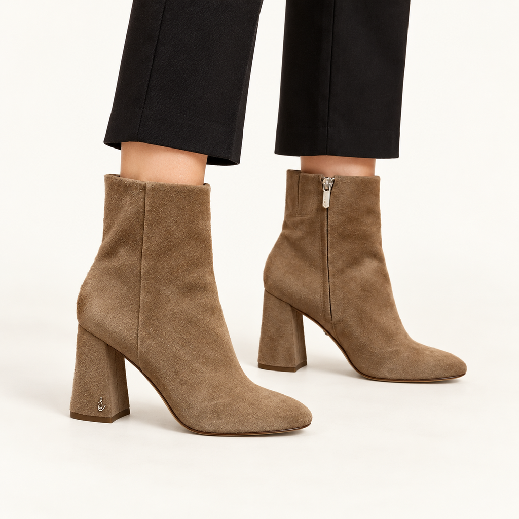 Beige Suede High Heeled Ankle Boots
