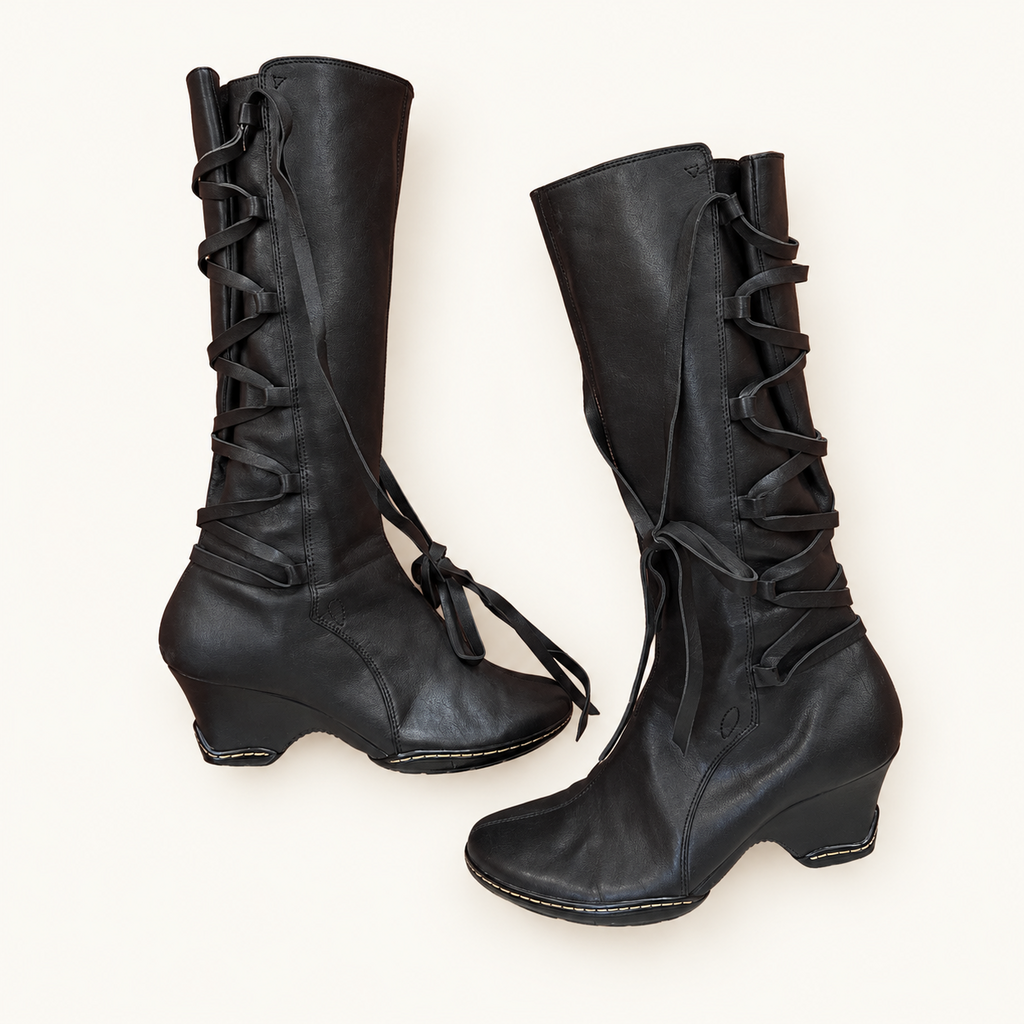 Sofft Black Lace-Up Knee-High Heeled Boots - Size 7