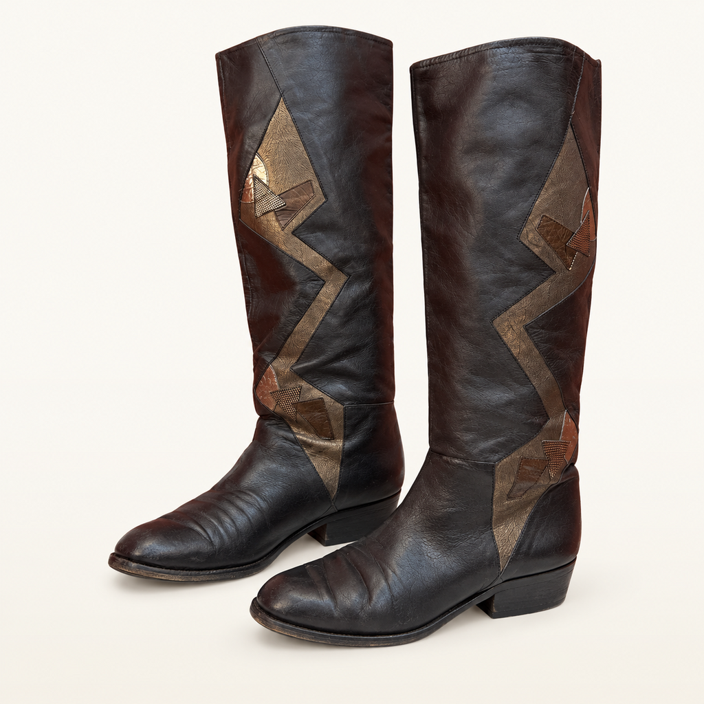 Vintage Black Leather Boots with Accent