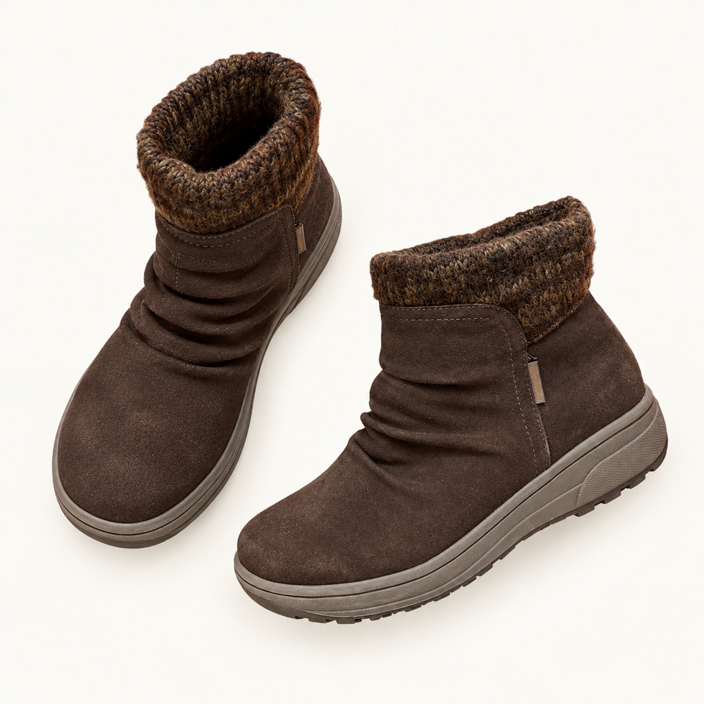 Brown Slip-On Boots with Knit Collar