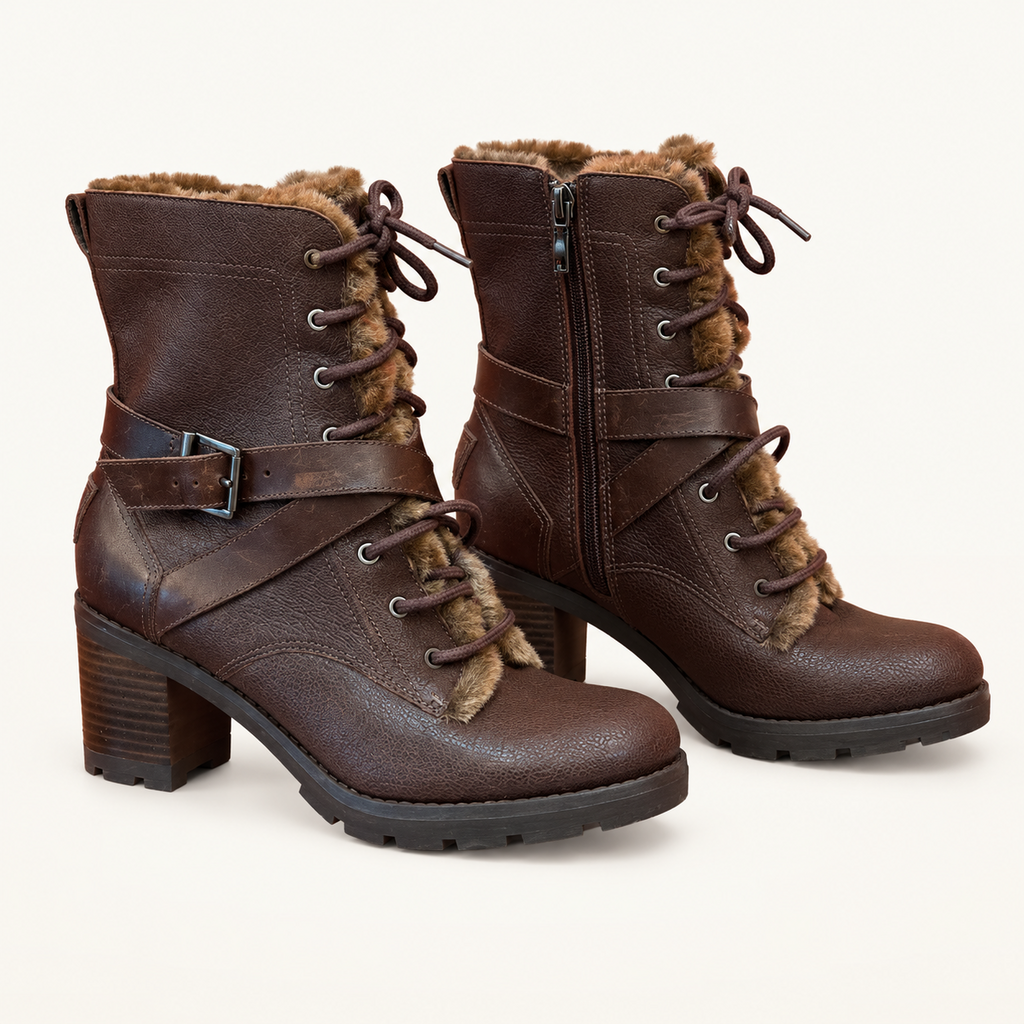 UGG Brown Leather Faux-Fur Lined Heeled Boots - Size 7.5