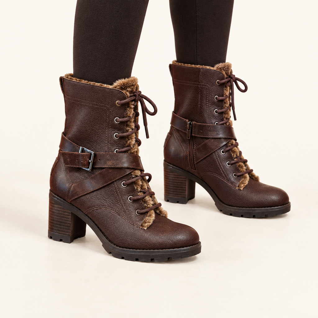 UGG Brown Leather Faux-Fur Lined Heeled Boots - Size 7.5