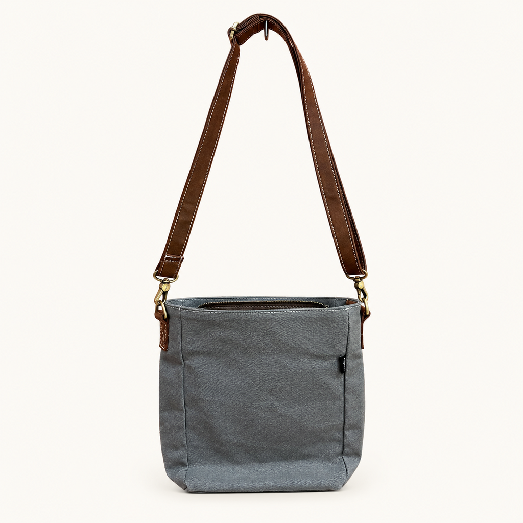 Gray Canvas Crossbody Bag with Brown Strap