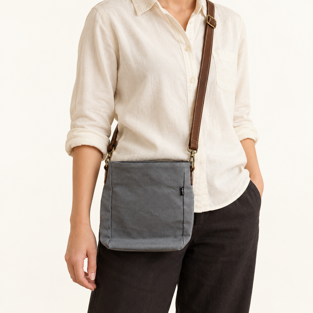 Gray Canvas Crossbody Bag with Brown Strap