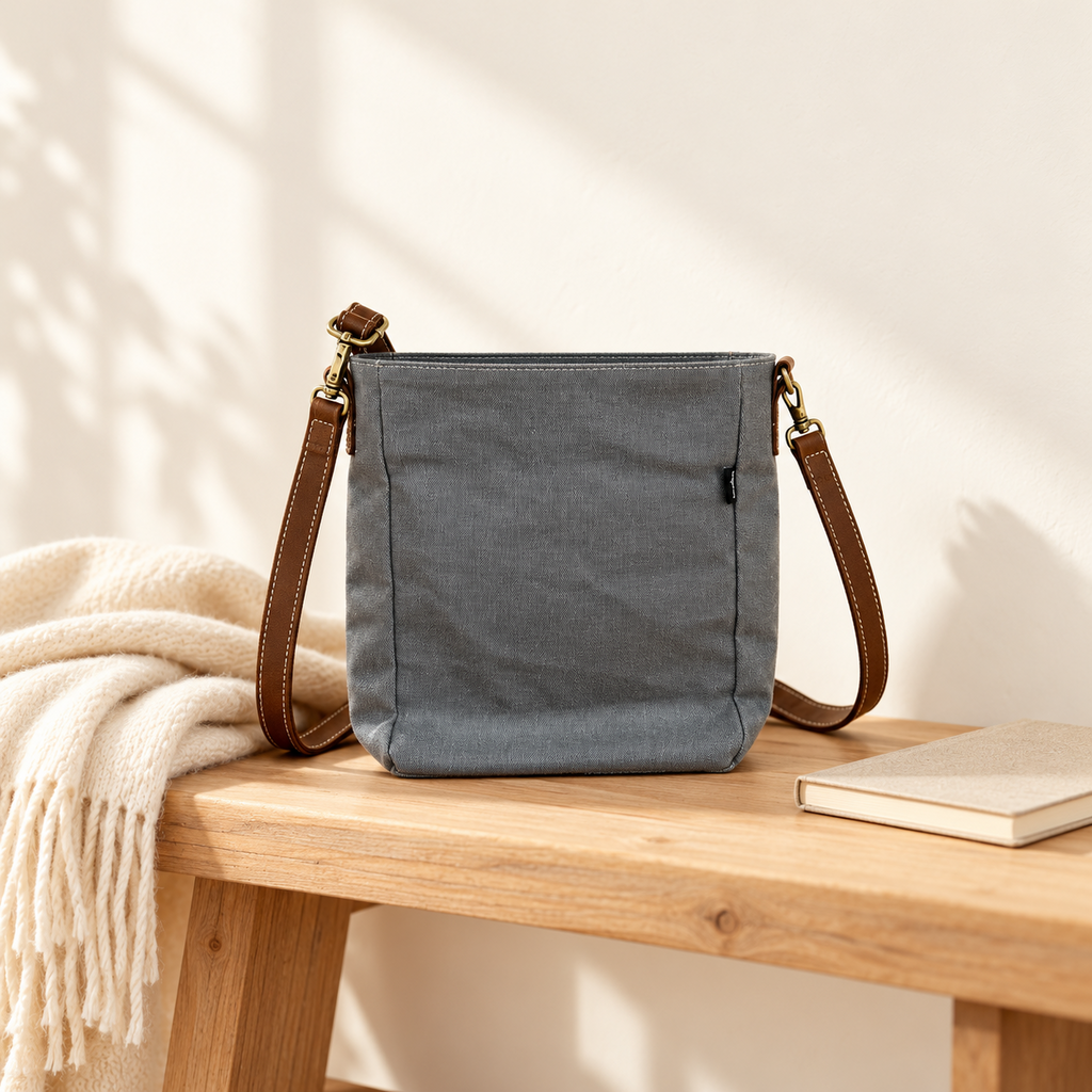 Gray Canvas Crossbody Bag with Brown Strap