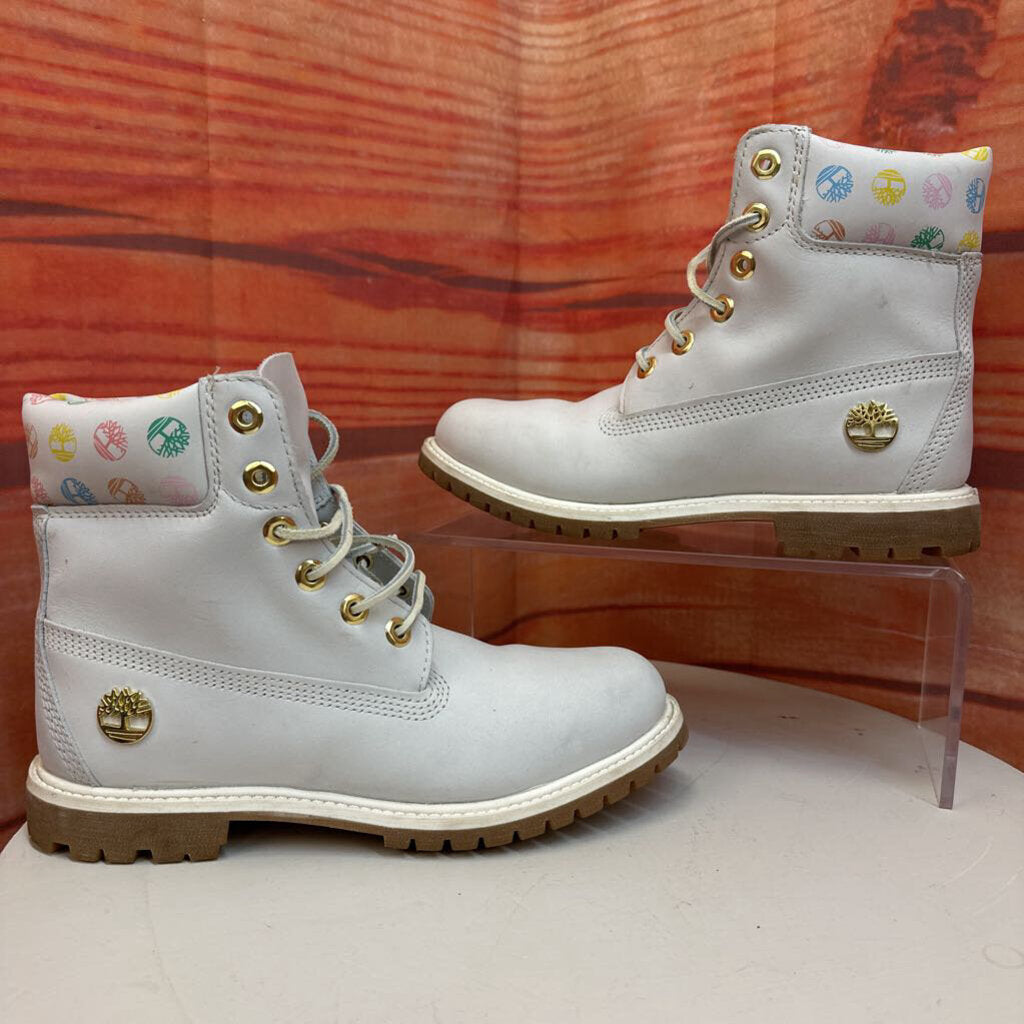 Timberland White Leather Boots with Colorful Logo