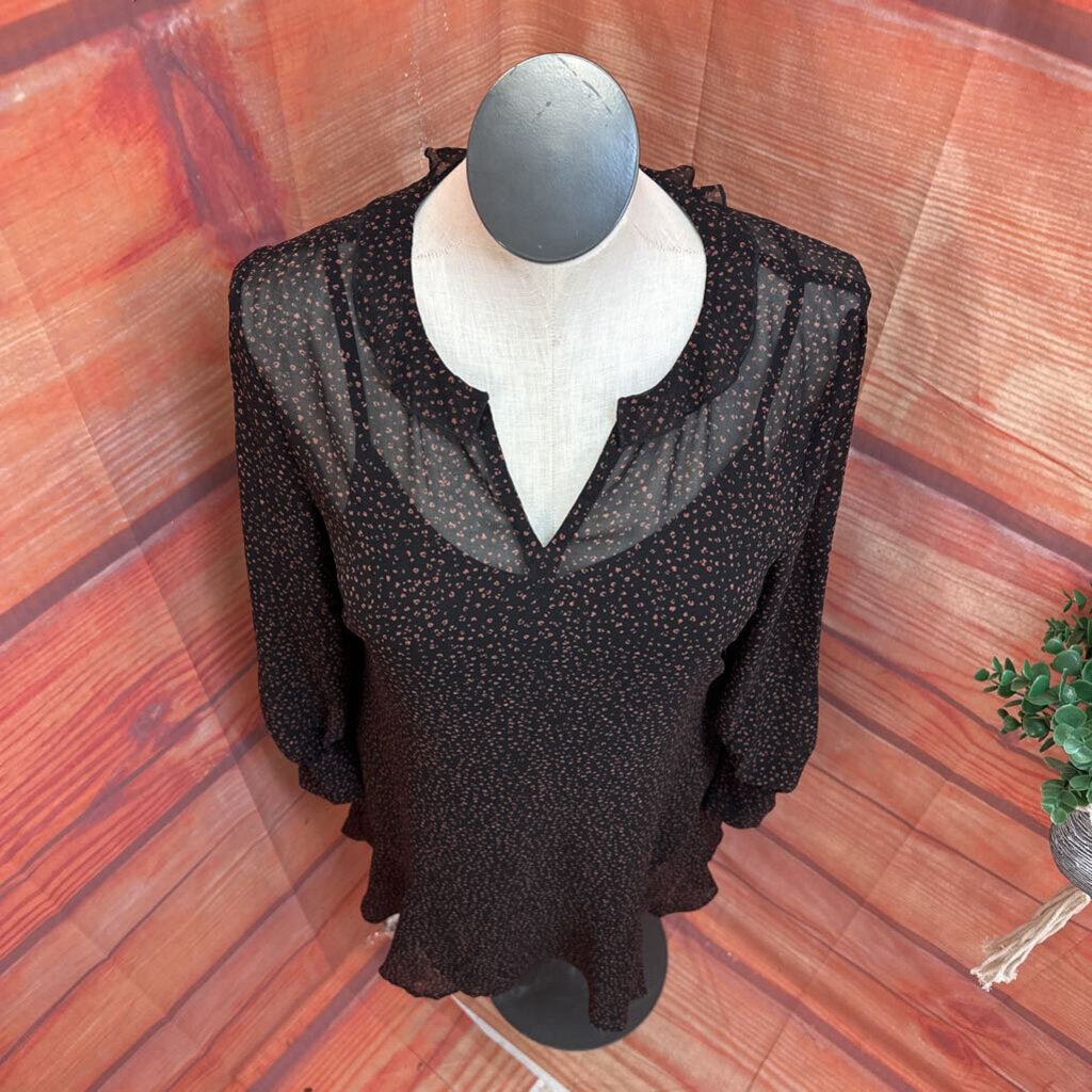 Cabi Women's Sheer Black Blouse with Pink Polka Dots